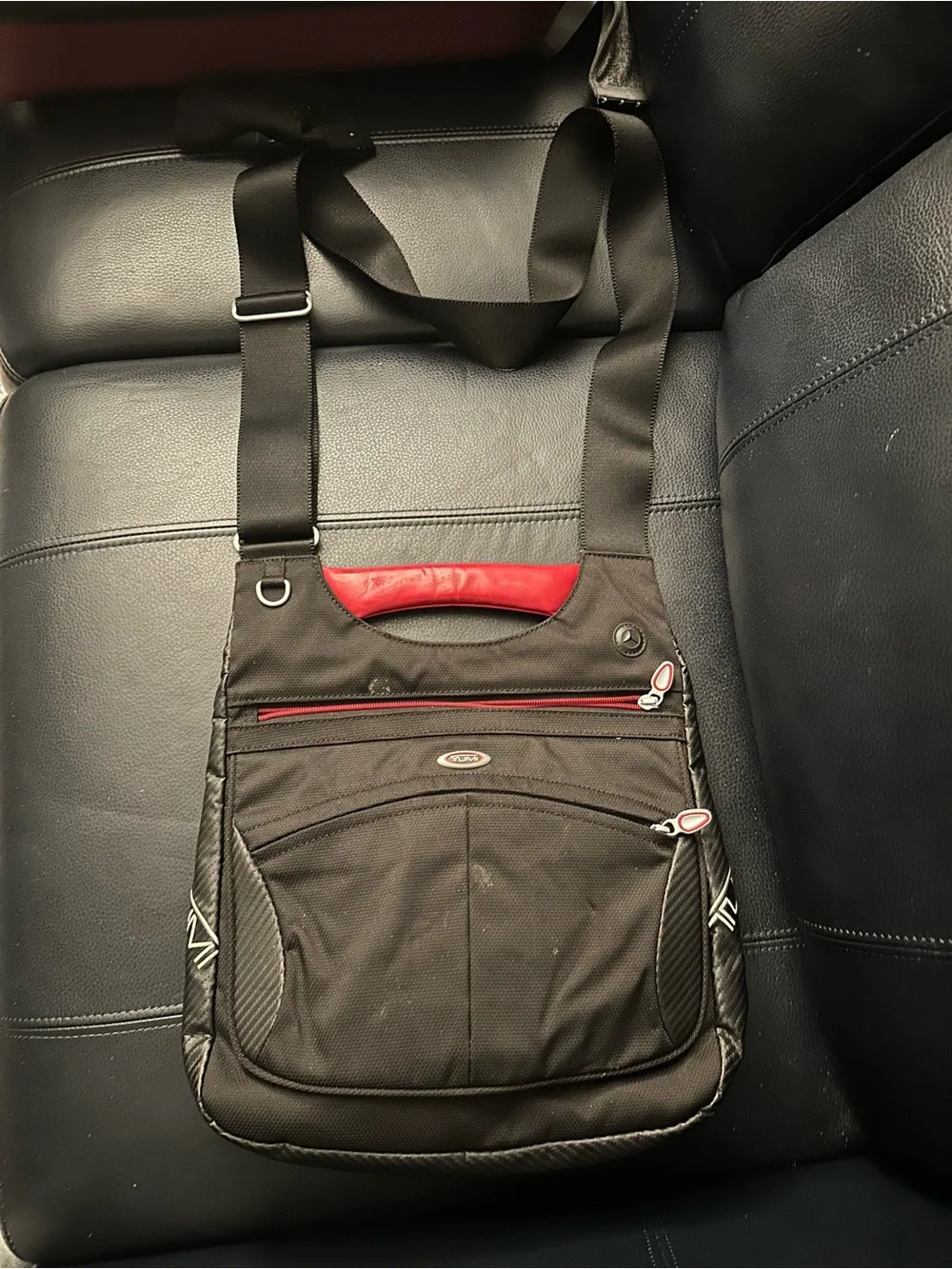 TUMI Black Nylon Crossbody Travel Organizer Messenger Bag Red Accents